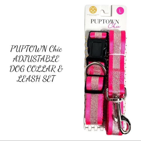 NIP PUPTOWN Chic ADJUSTABLE DOG COLLAR & LEASH SET, Pink With Sparkle Accents - Picture 1 of 8